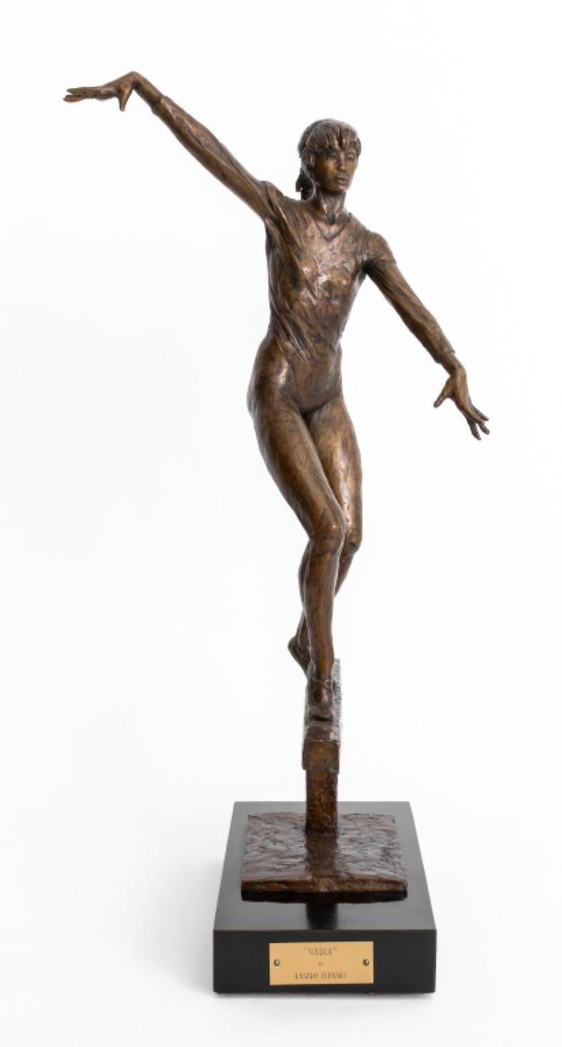 American Craftsman Lazlo Ispanky Girl on Beam Bronze Sculpture For Sale