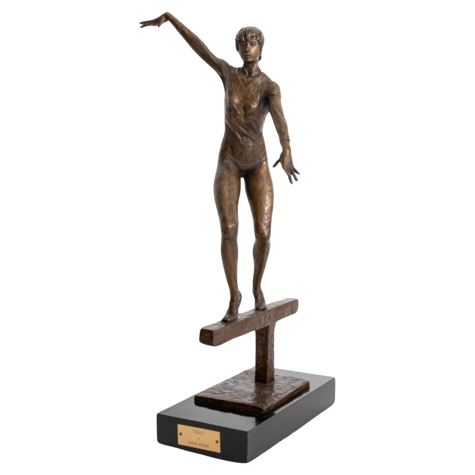 Lazlo Ispanky Girl on Beam Bronze Sculpture For Sale