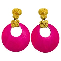 LAZULI vintage matte gold pink wood dangle designer runway clip on earrings