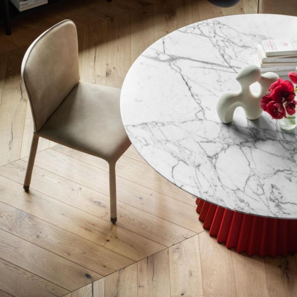 Modern Lazy Susan Dining Table with Lacquered Metal Base, Marble Top, Seats 8–10 For Sale