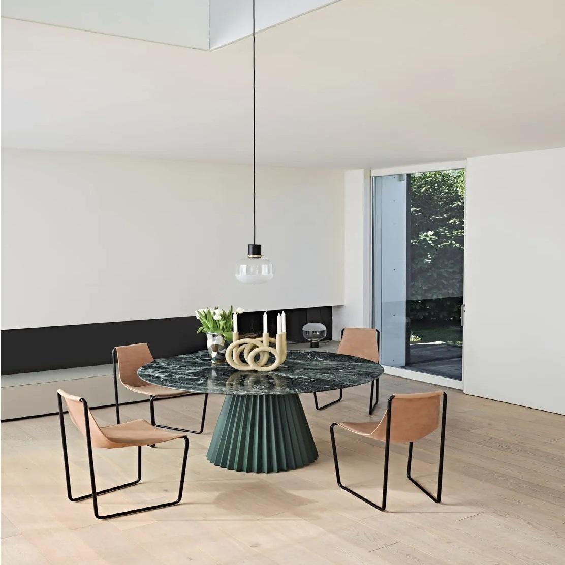 European Lazy Susan Dining Table with Lacquered Metal Base, Marble Top, Seats 8–10 For Sale