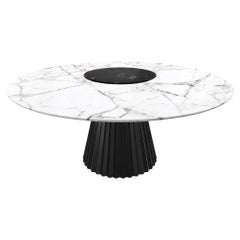 Lazy Susan Dining Table with Lacquered Metal Base, Marble Top, Seats 8–10