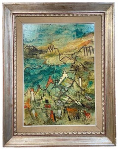 Retro Italian Modernist Surrealist Architecture Landscape Oil Painting Lazzaro Donati 