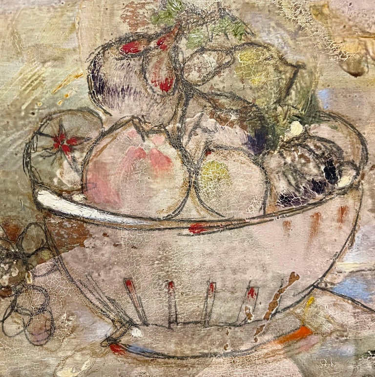 Italian Modernist Surrealist Bowl Of Fruit Still Life Oil Painting La Fruttiera - Beige Figurative Painting by Lazzaro Donati