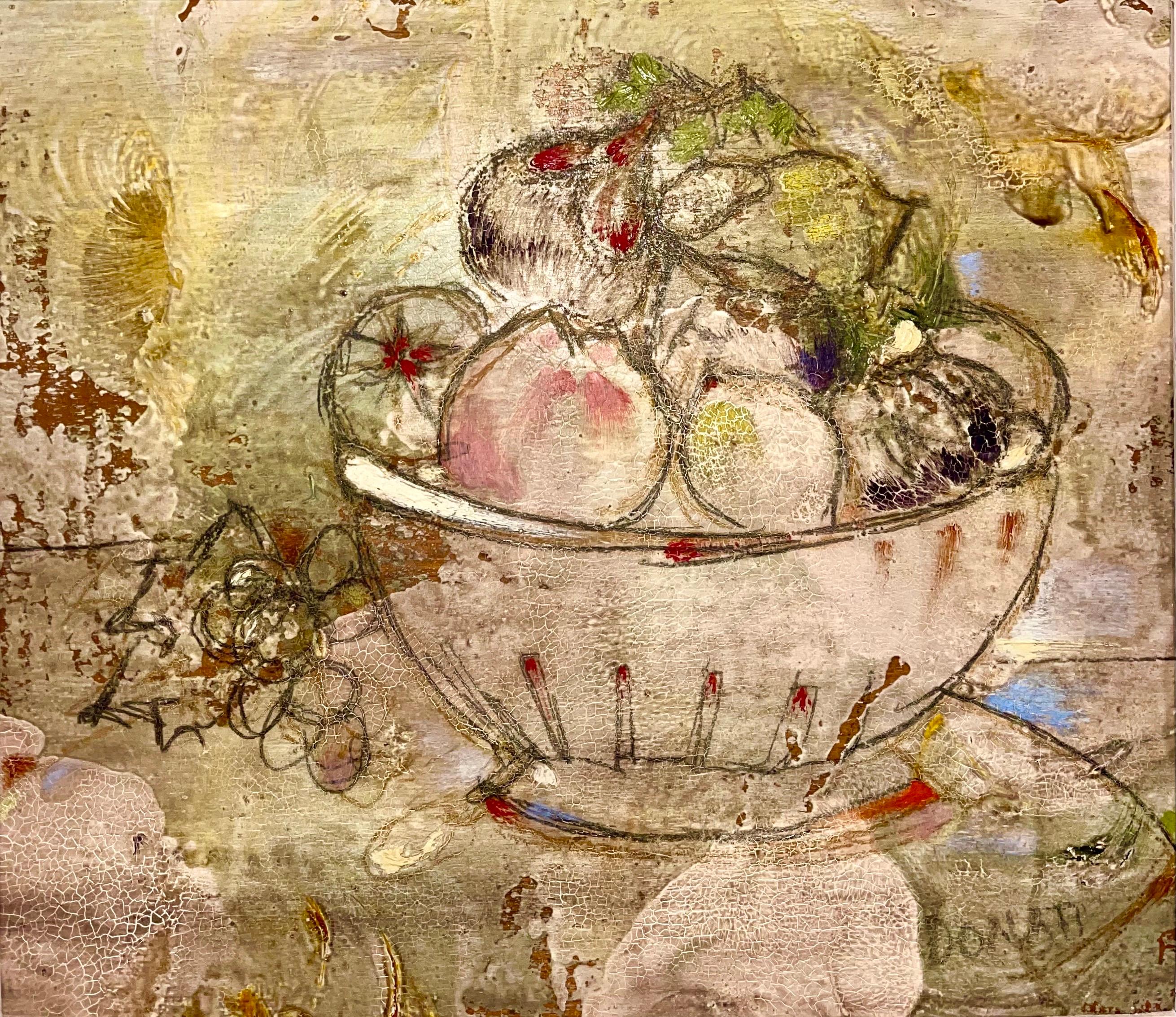 Italian Modernist Surrealist Bowl Of Fruit Still Life Oil Painting La Fruttiera - Beige Portrait Painting by Lazzaro Donati