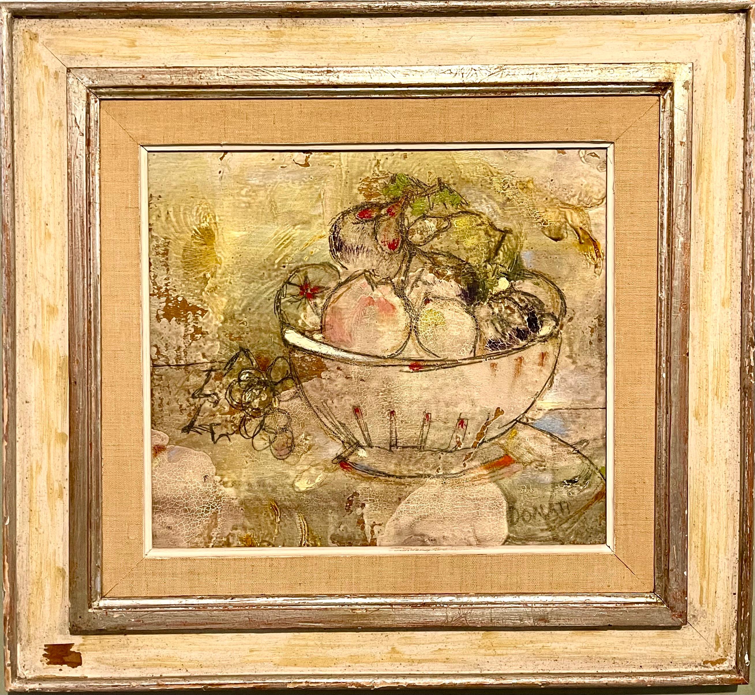 Lazzaro Donati Portrait Painting - Italian Modernist Surrealist Bowl Of Fruit Still Life Oil Painting La Fruttiera