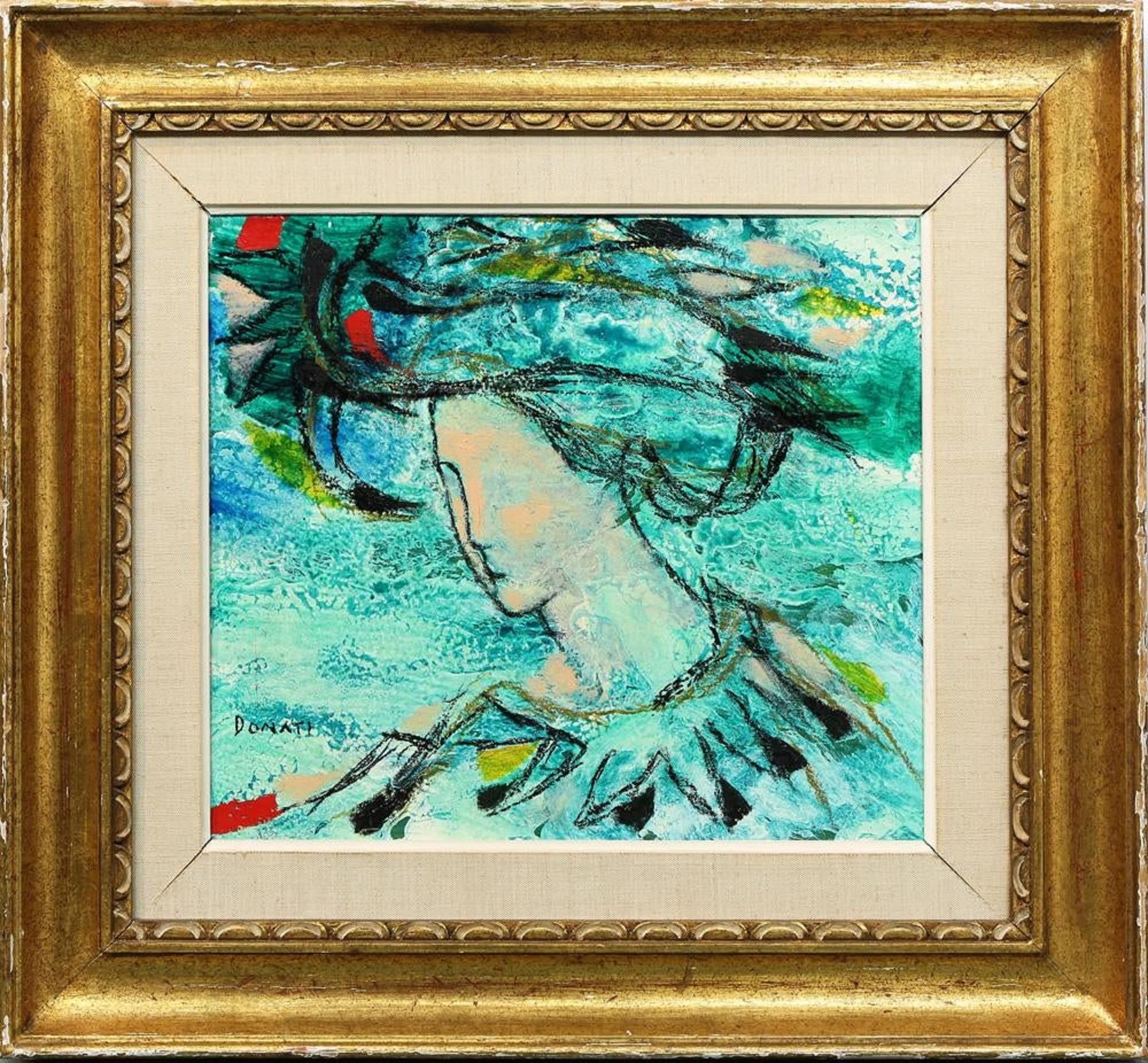 Pintura al óleo italiana modernista surrealista Dama con sombrero, Signora dal Cappello - Figurative Painting Negro de Lazzaro Donati