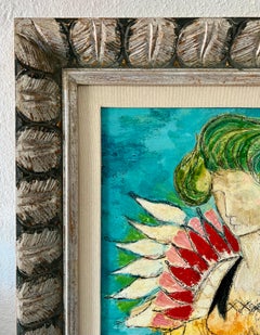 Peinture à l'huile italienne moderniste et surréaliste de femme en couleur Lazzaro Donati La Regina