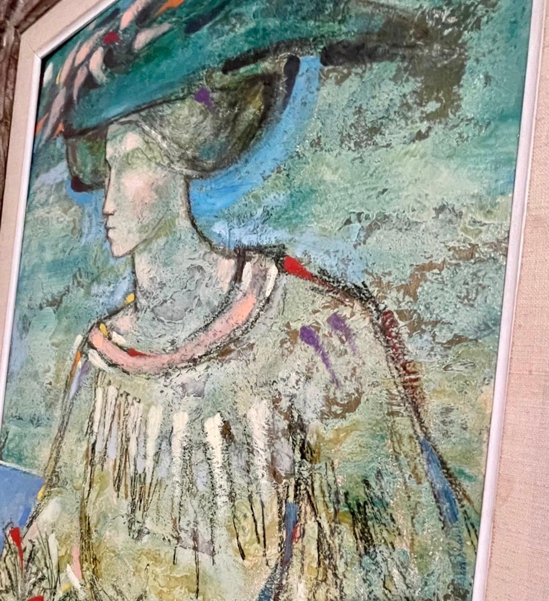 Italian Modernist Surrealist Woman Color Oil Painting Lazzaro Donati La Signora For Sale 1