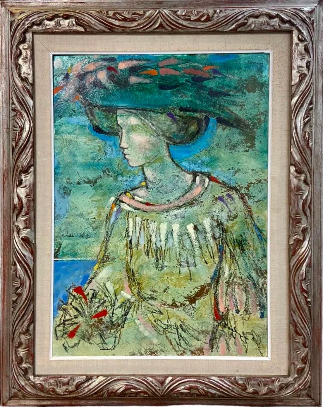 Donna modernista surrealista a colori Dipinto a olio Lazzaro Donati La Signora