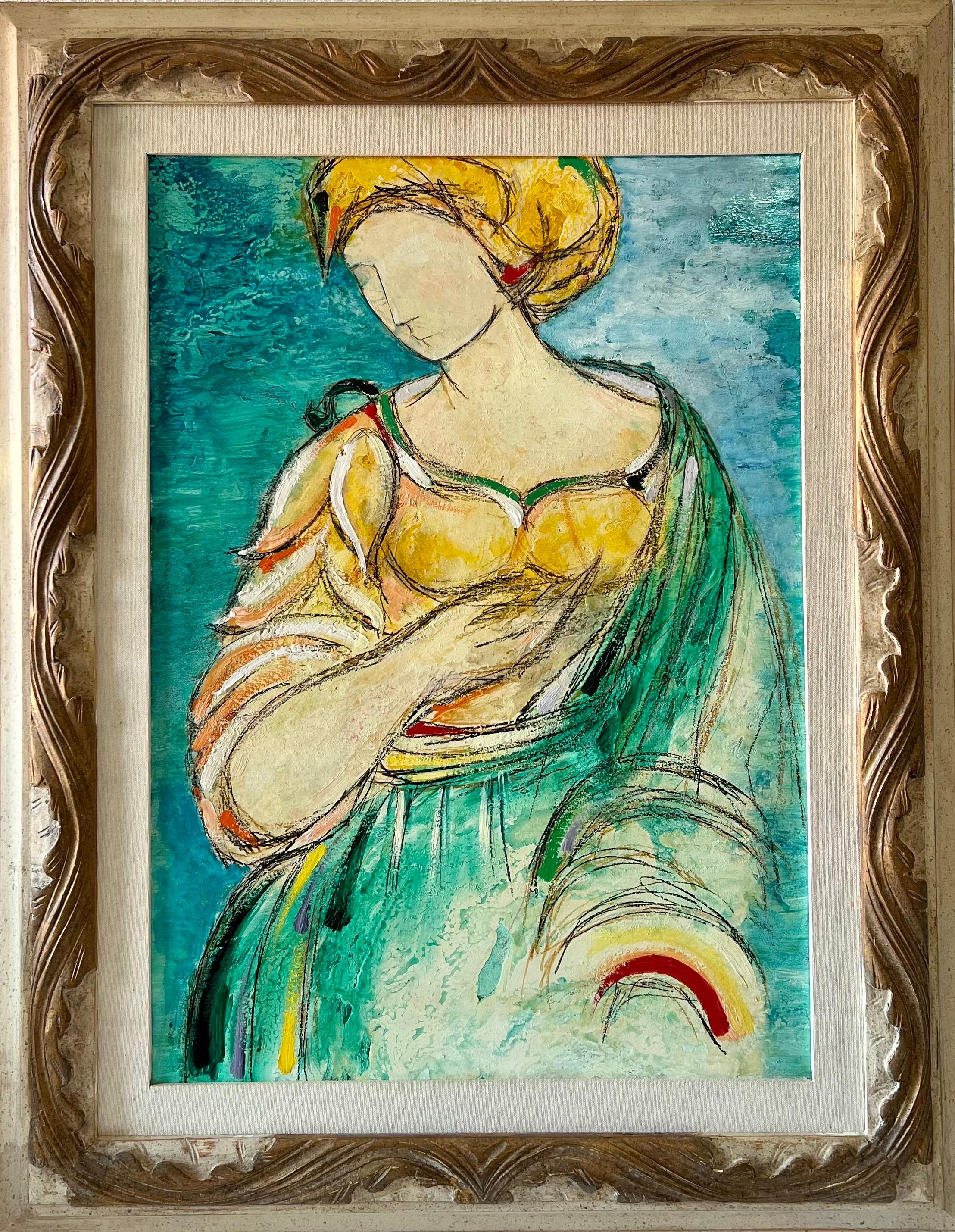 Italian Modernist Surrealist Woman Colorful Oil Painting Lazzaro Donati  For Sale 8