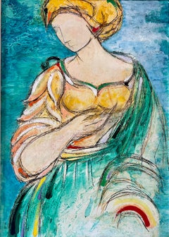 Peinture à l'huile colorée Lazzaro Donati, femme surréaliste moderniste italienne