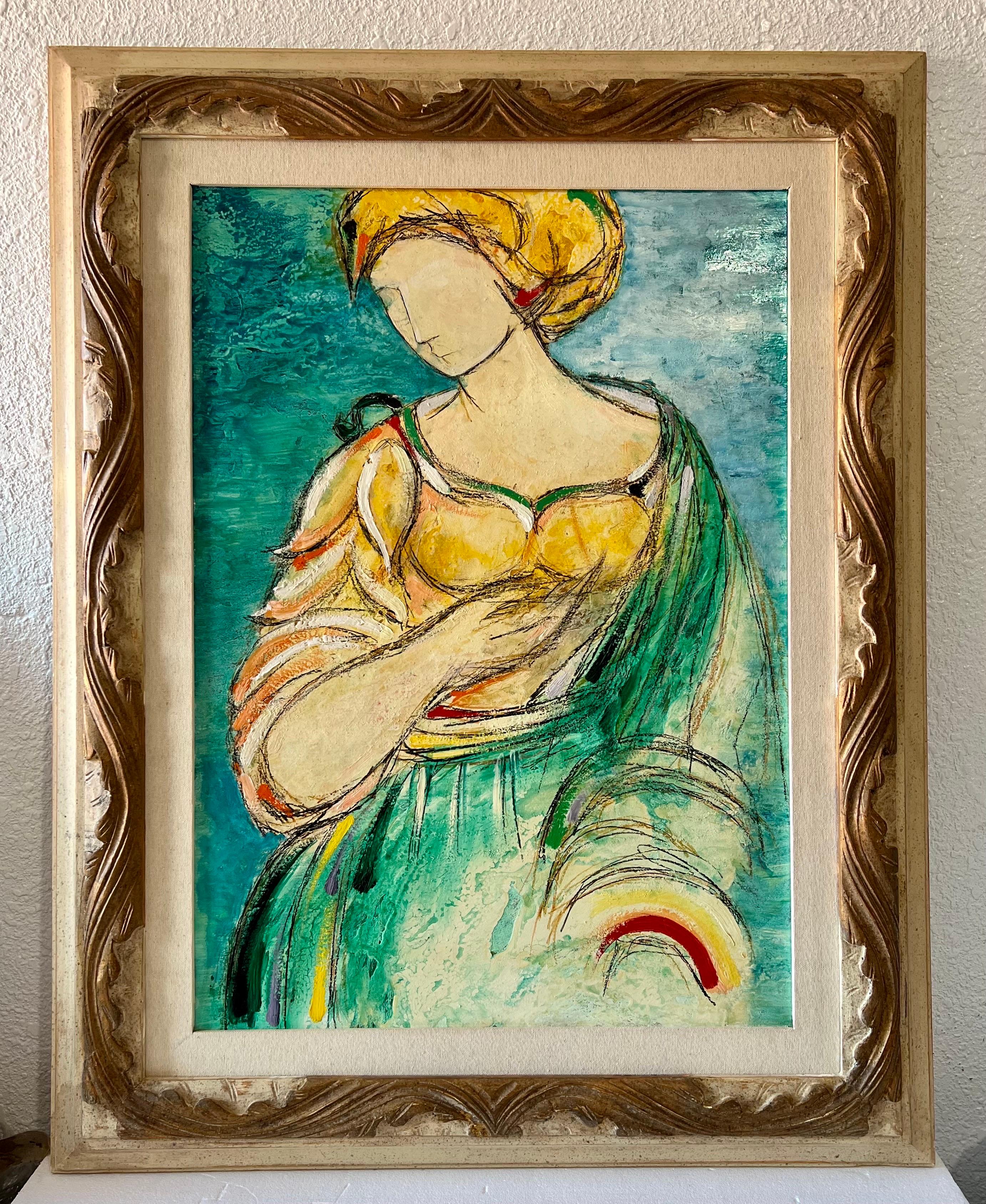 Italian Modernist Surrealist Woman Colorful Oil Painting Lazzaro Donati  For Sale 4