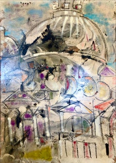 Large Italian Modernist Surrealist Architectural Mod Oil Painting Florence Italy