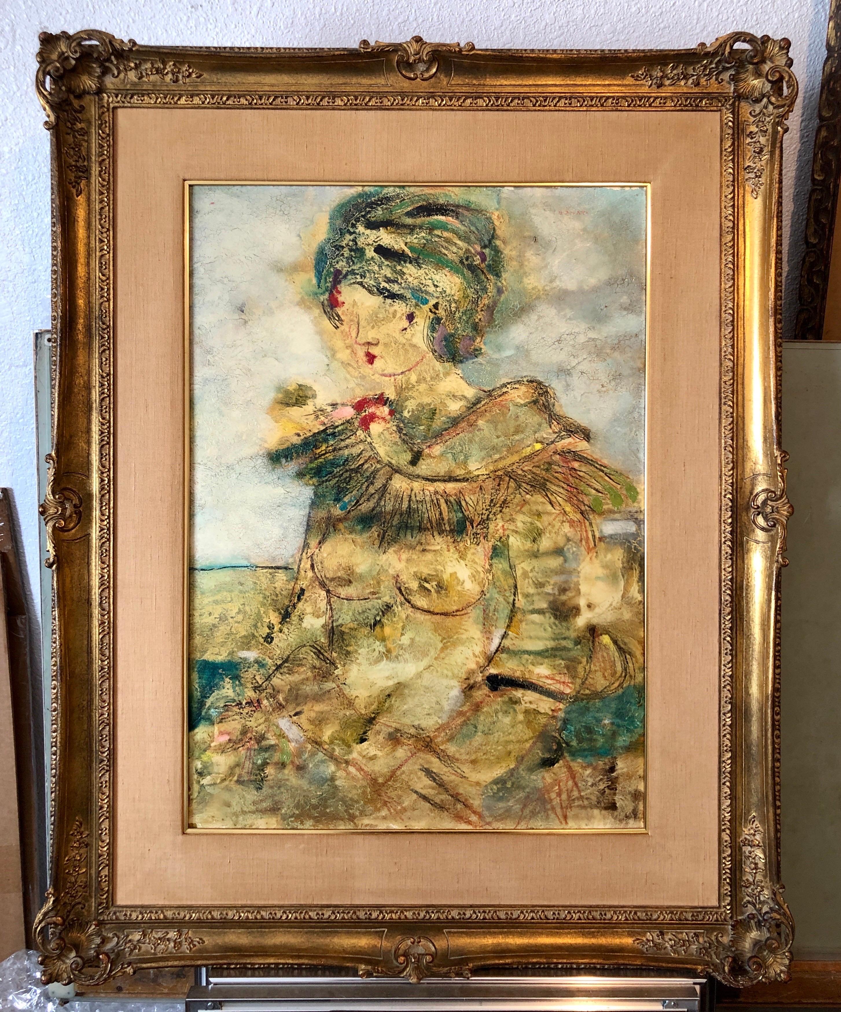 Large Italian Modernist Surrealist Lady Mod Oil Painting 