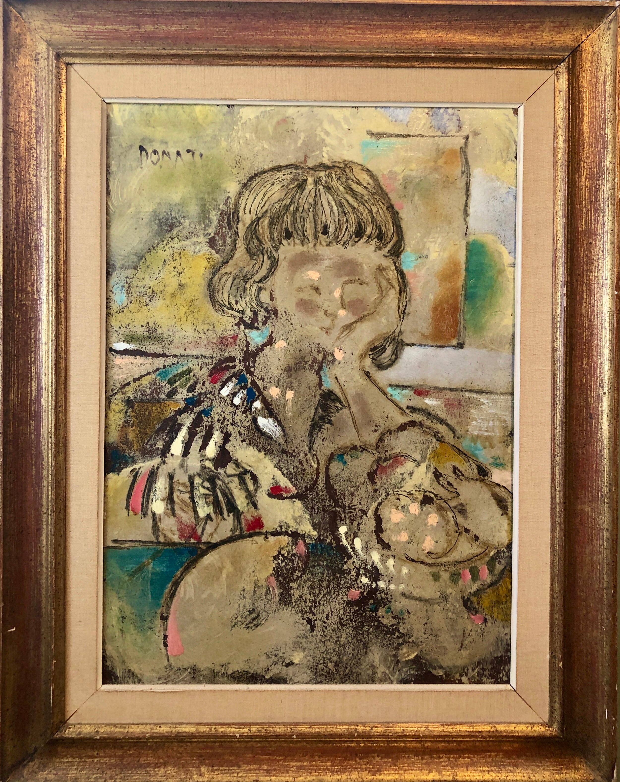 Gran cuadro al óleo italiano modernista surrealista de dama mod 