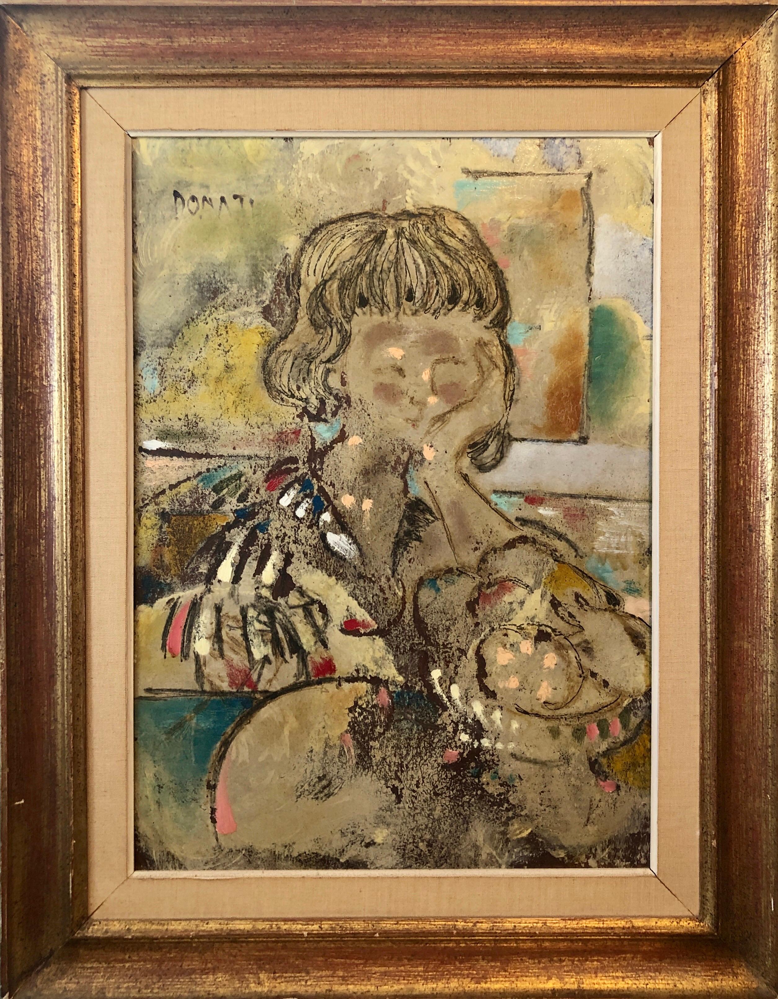Gran cuadro al óleo italiano modernista surrealista de dama mod 