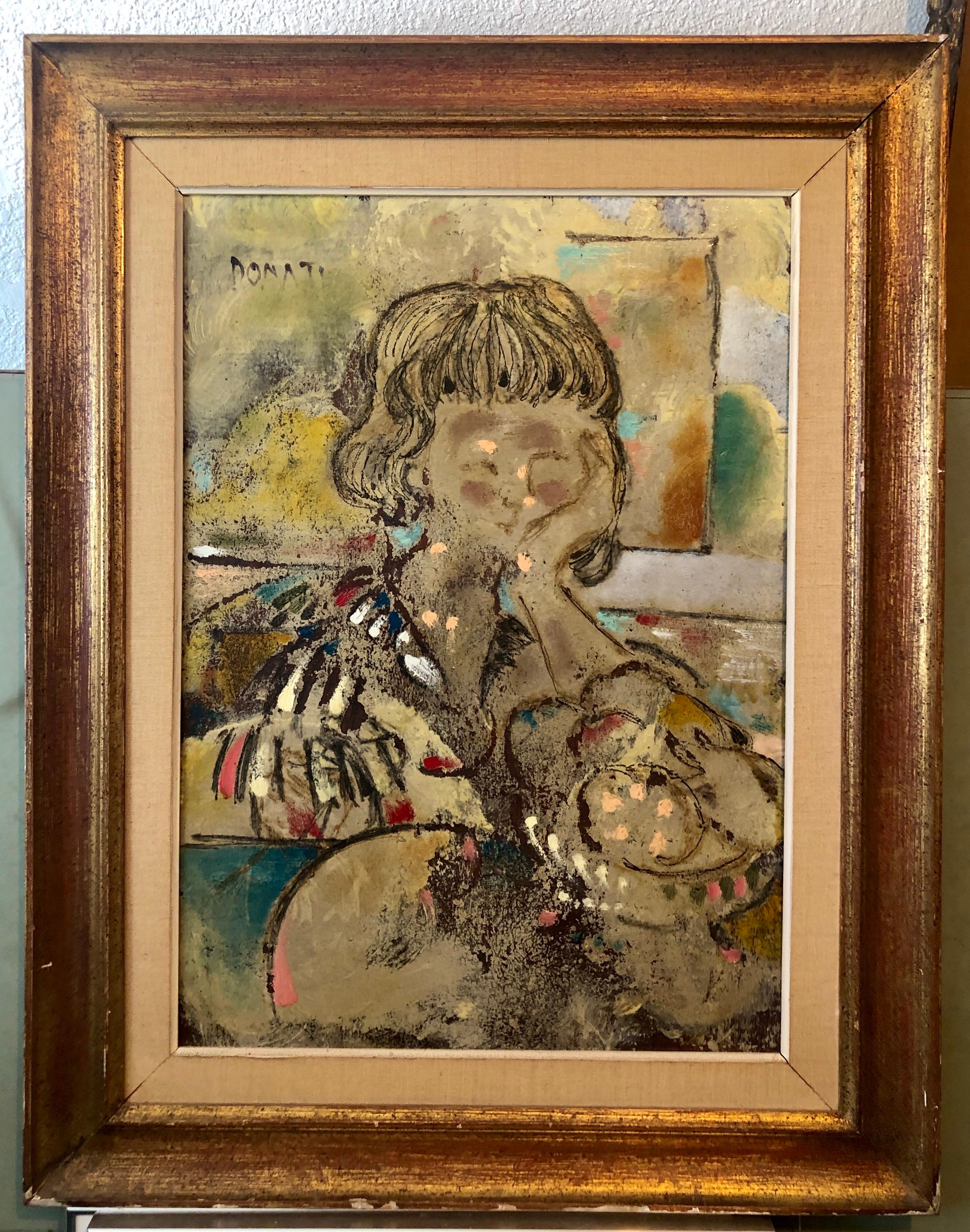 Large Italian Modernist Surrealist Lady Mod Oil Painting 