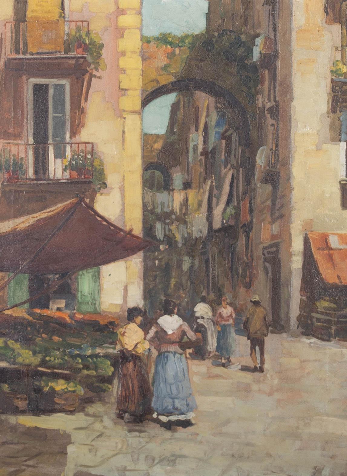 Lazzaro Pasini (1861-1949) - Huile du début du 20e siècle, scène de rue italienne 1