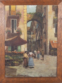 Lazzaro Pasini (1861-1949) - Huile du début du 20e siècle, scène de rue italienne