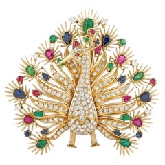 LB 18k Yellow Gold 2.85ct Diamond, Sapphire, Emerald and Ruby Peacock Brooch