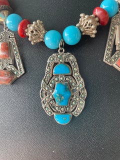 LB Art Deco style vintage Mexican sterling/marcasite/Coral/Turquoise necklace