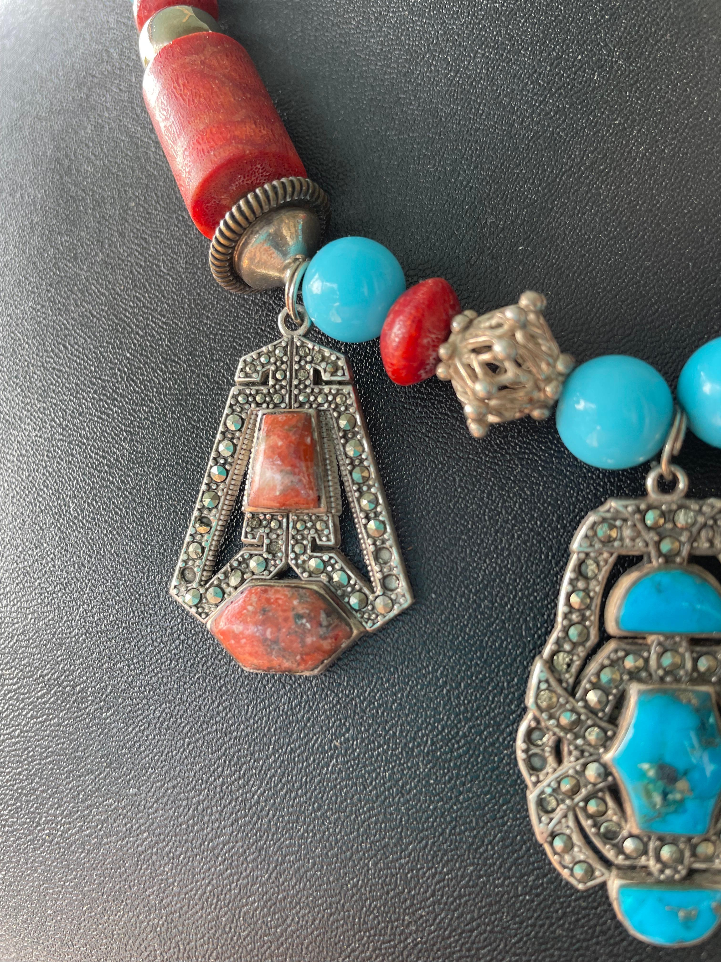 Bead LB Art Deco style vintage Mexican sterling/marcasite/Coral/Turquoise necklace For Sale