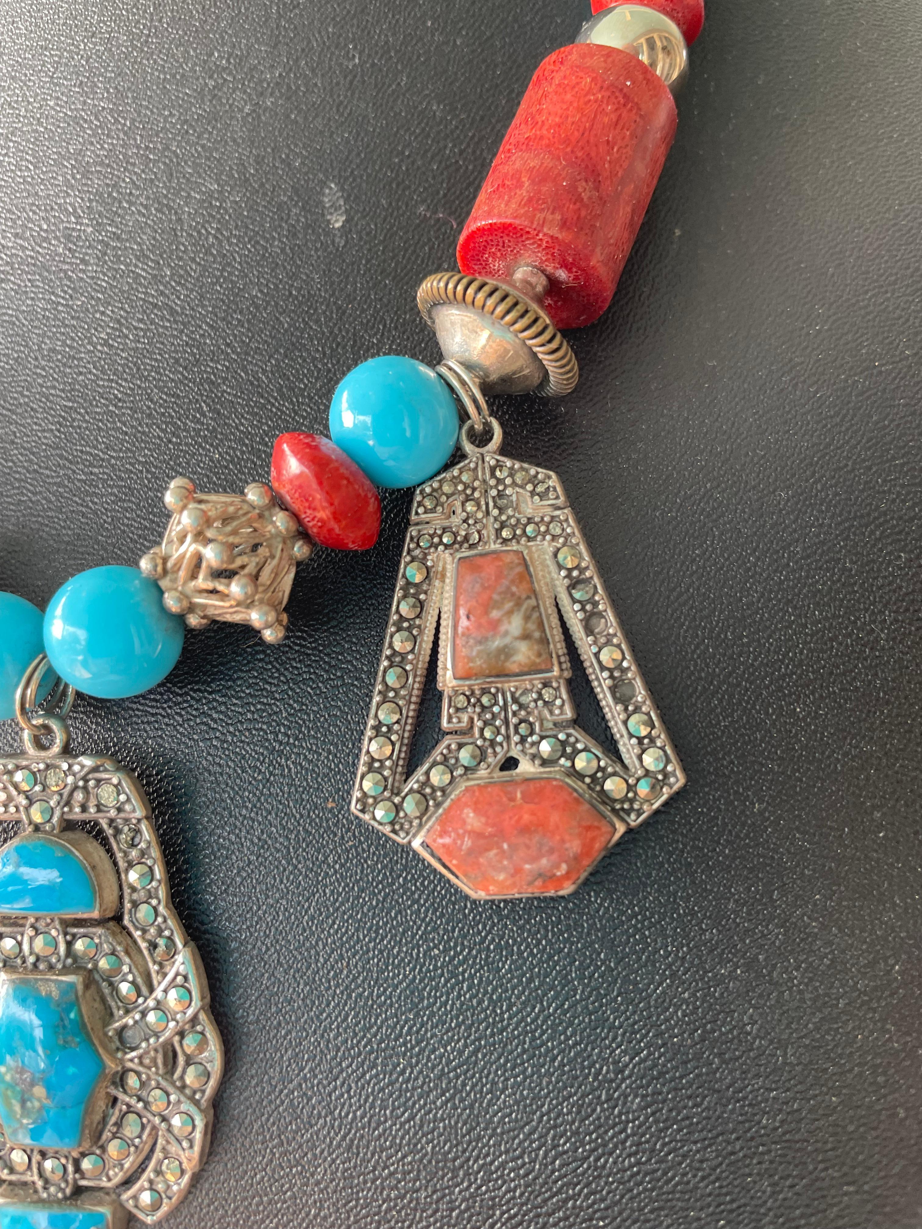 LB Art Deco style vintage Mexican sterling/marcasite/Coral/Turquoise necklace In Good Condition For Sale In Pittsburgh, PA