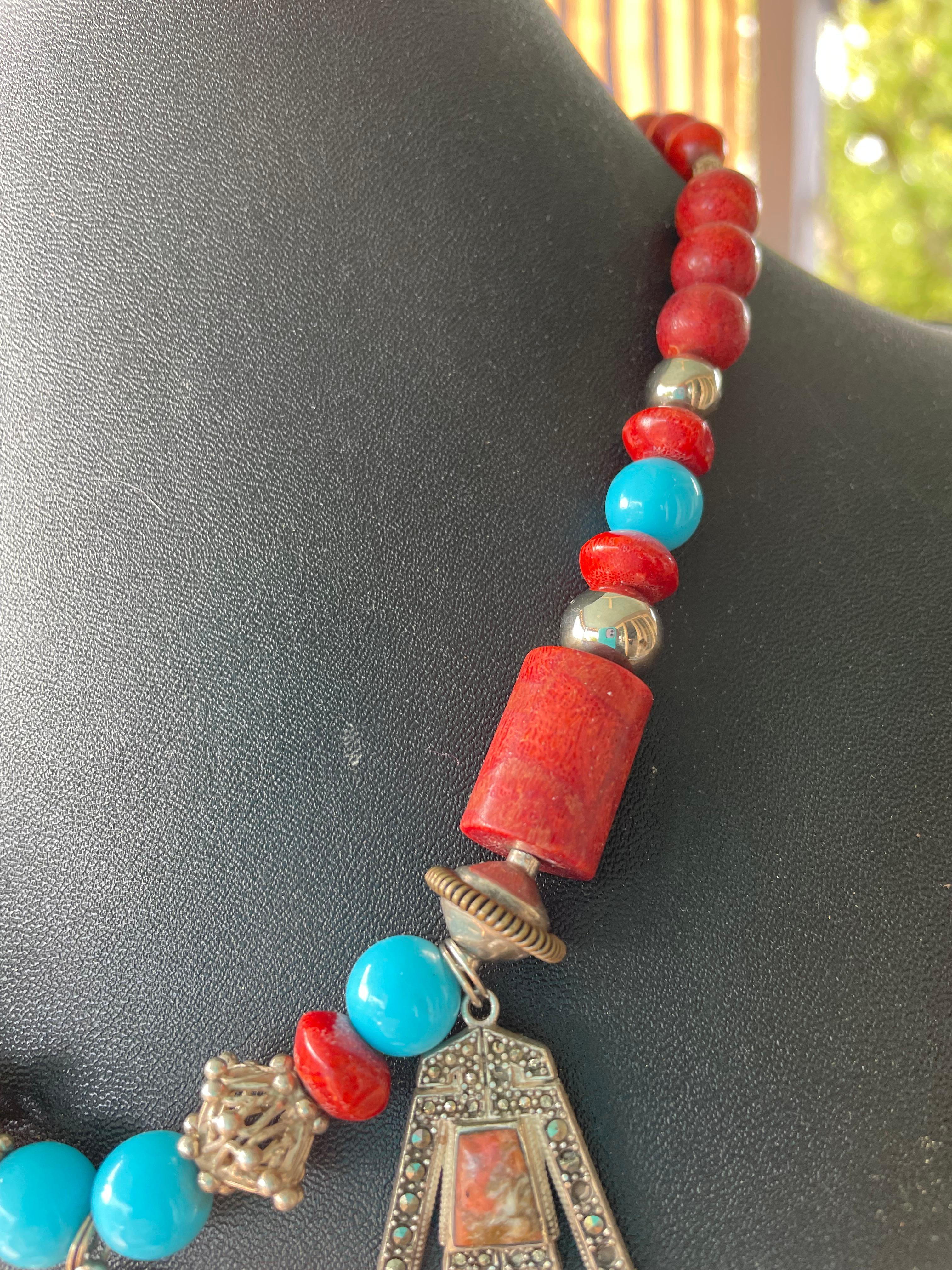 Women's or Men's LB Art Deco style vintage Mexican sterling/marcasite/Coral/Turquoise necklace For Sale