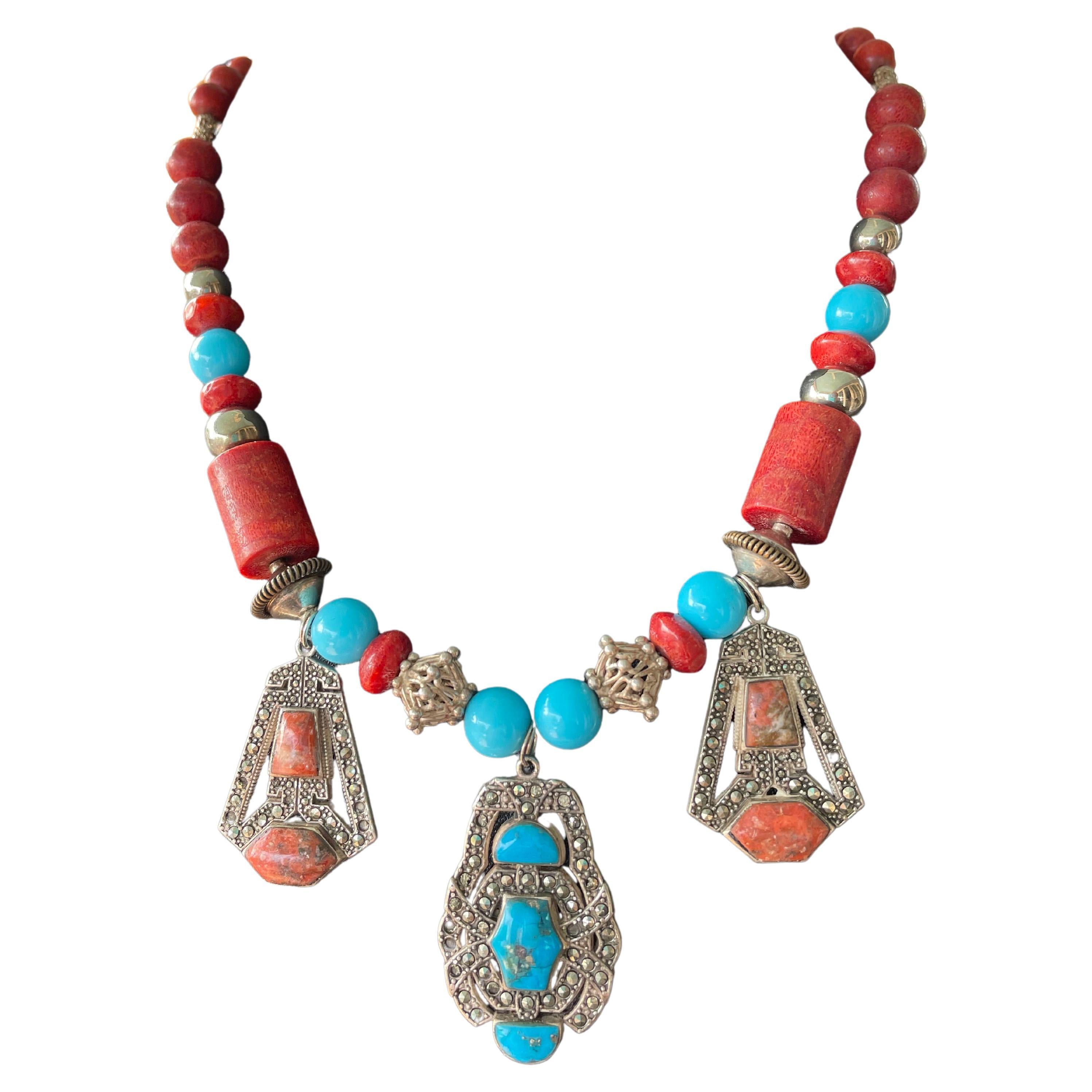 LB Art Deco style vintage Mexican sterling/marcasite/Coral/Turquoise necklace For Sale