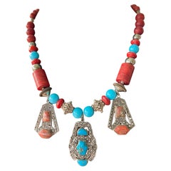 LB Art Deco style Retro Mexican sterling/marcasite/Coral/Turquoise necklace