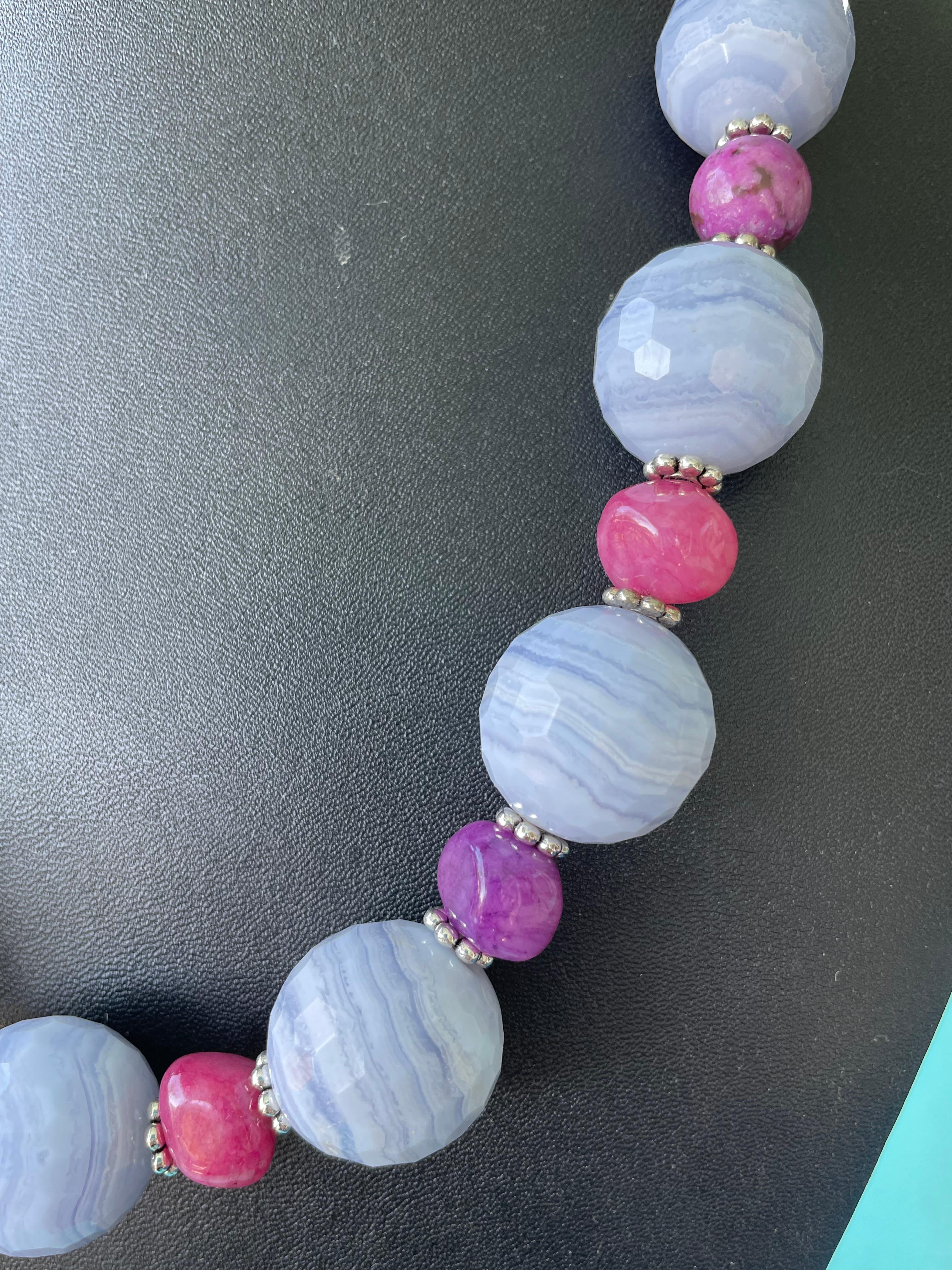 Bead LB Blue Agate Purple dyed Sugilite Blue Calcedony Sterling Silver Necklace  For Sale