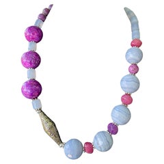 LB Blue Agate Purple dyed Sugilite Blue Calcedony Sterling Silver Necklace 