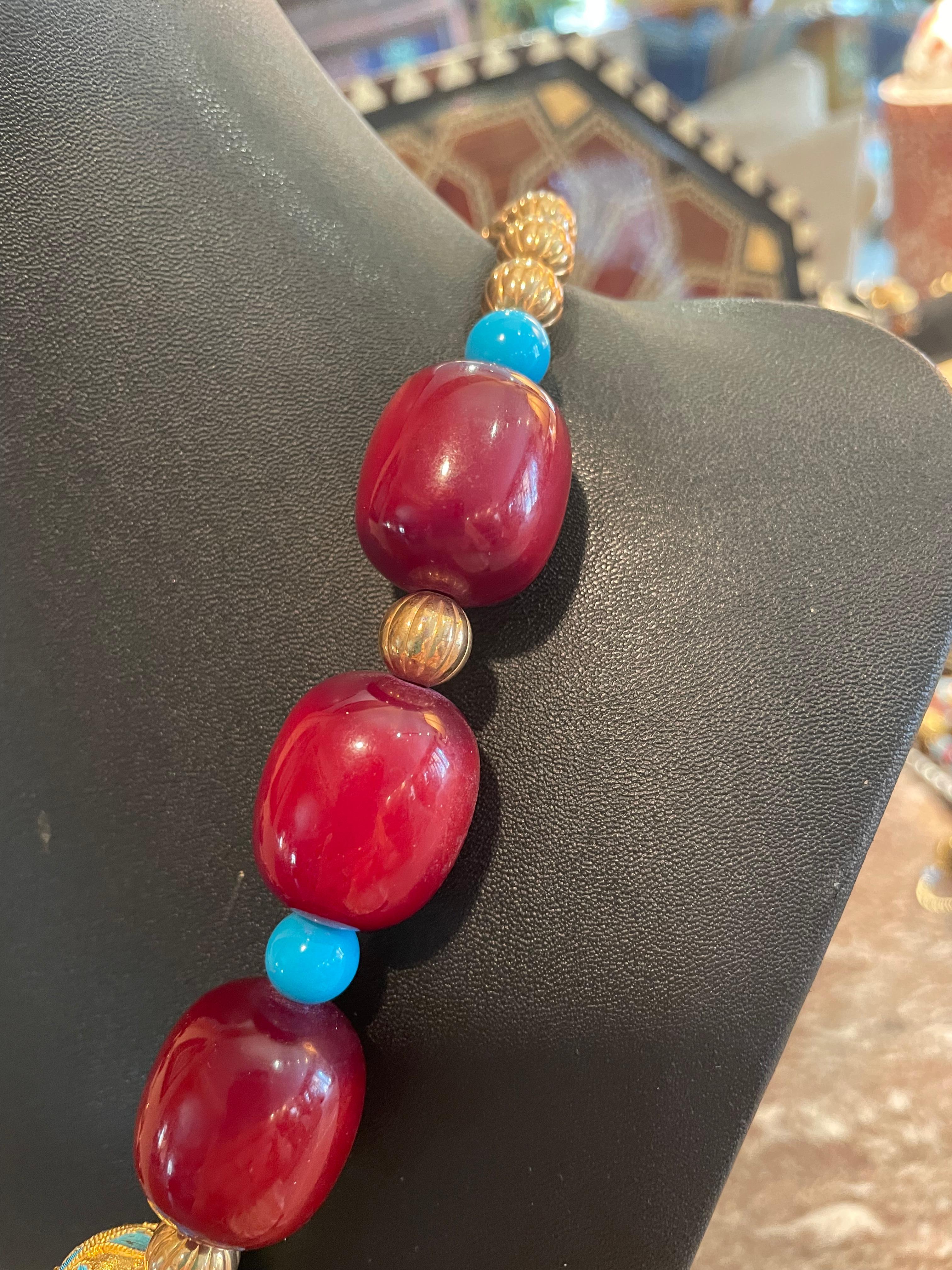 Artisan LB Chinese inlaid bead necklace, Bakelite, Turquoise glass, Goldfilled beads For Sale