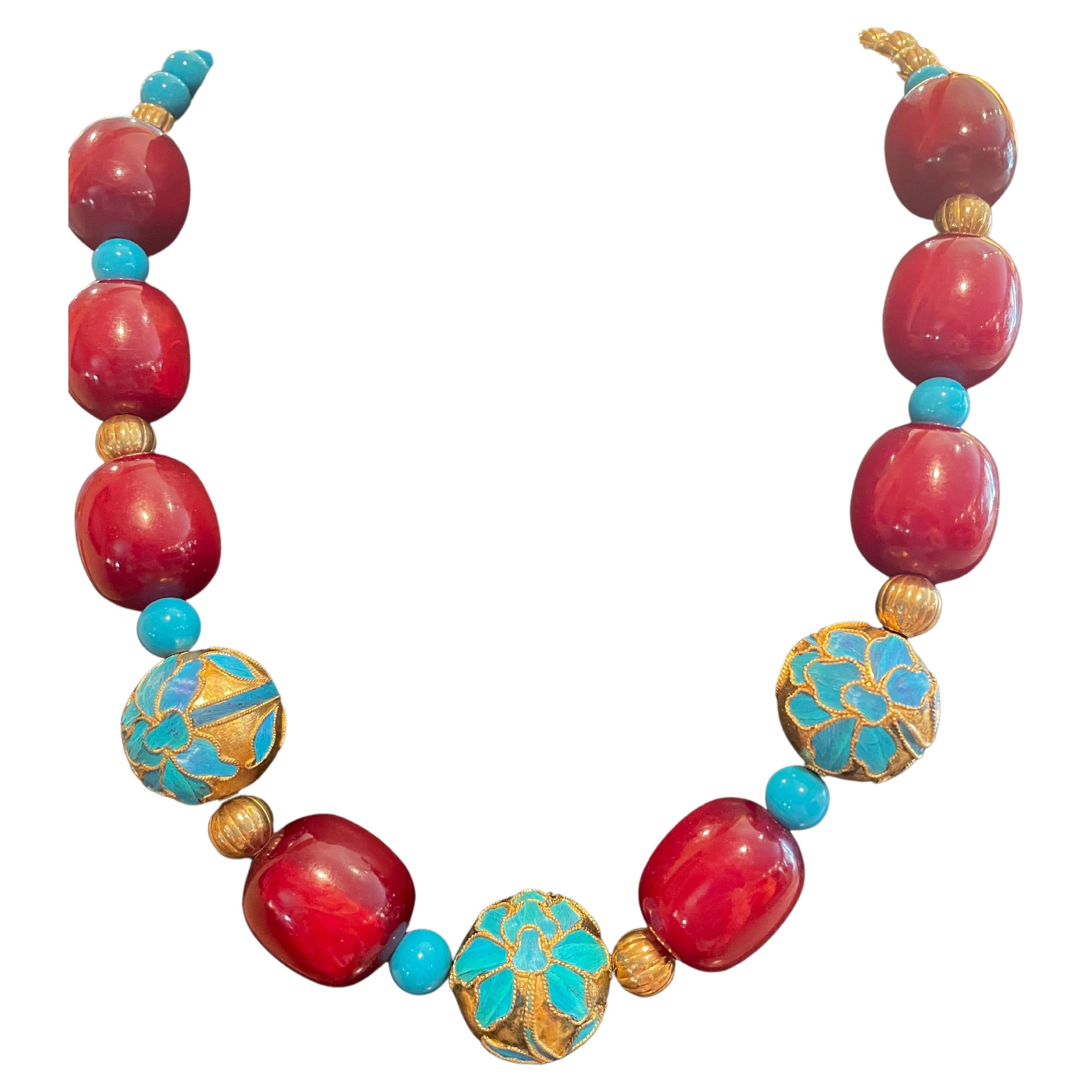 LB Chinese inlaid bead necklace, Bakelite, Turquoise glass, Goldfilled beads  For Sale