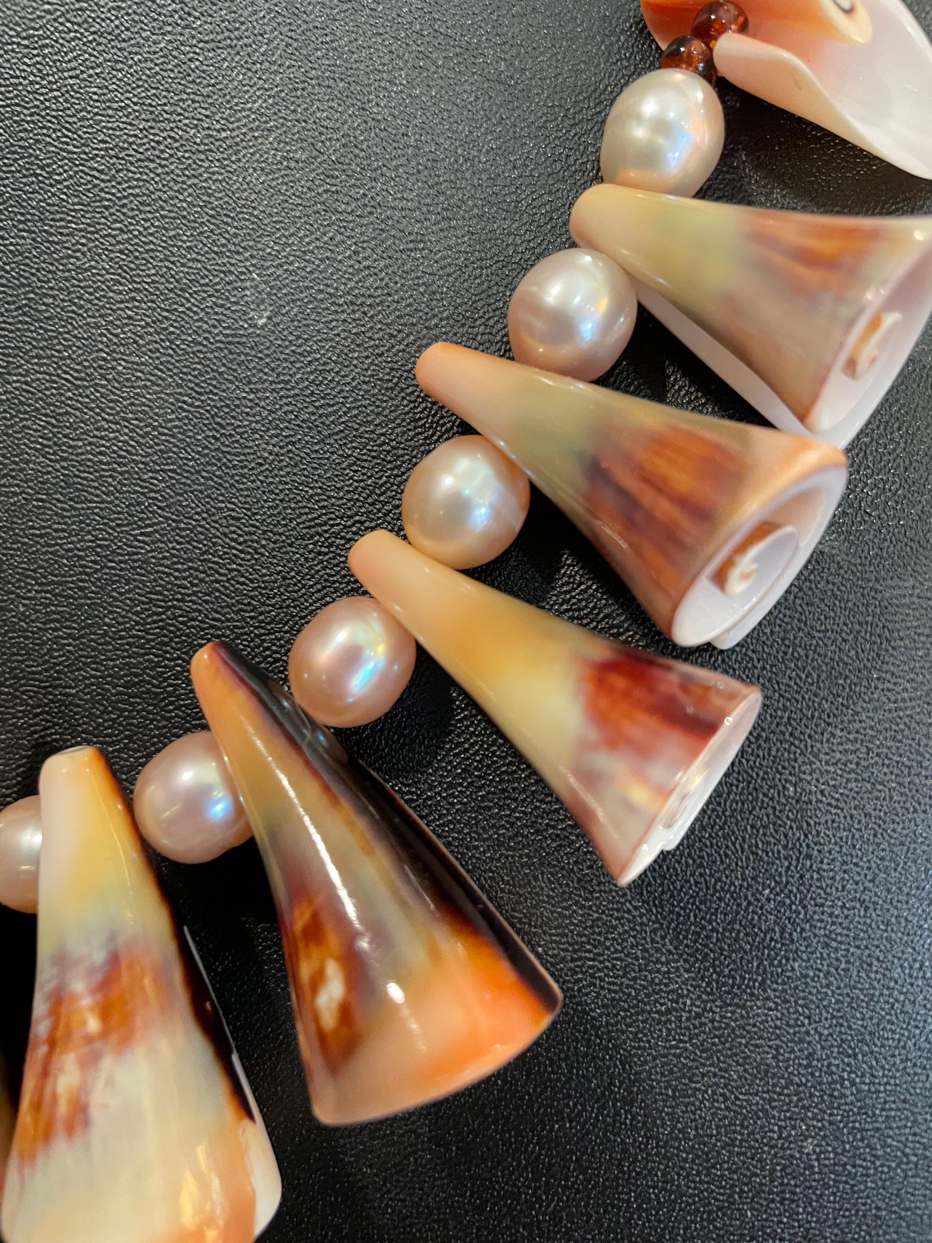 Artisan LB Conch Shell Pearls Vintage glass Beads One of a Kind Handmade necklace For Sale