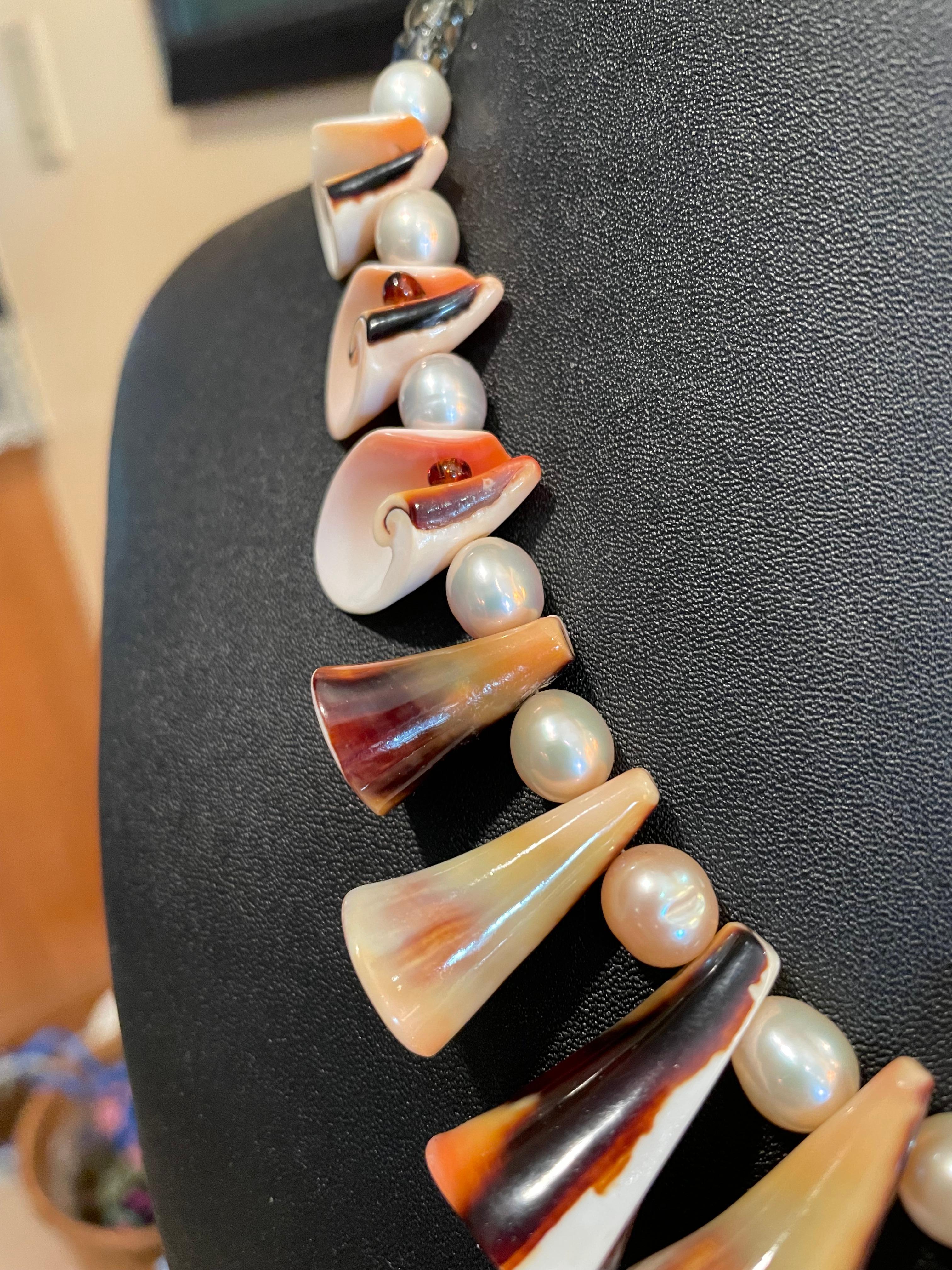 LB Conch Shell Pearls Vintage glass Beads One of a Kind Handmade necklace In New Condition For Sale In Pittsburgh, PA