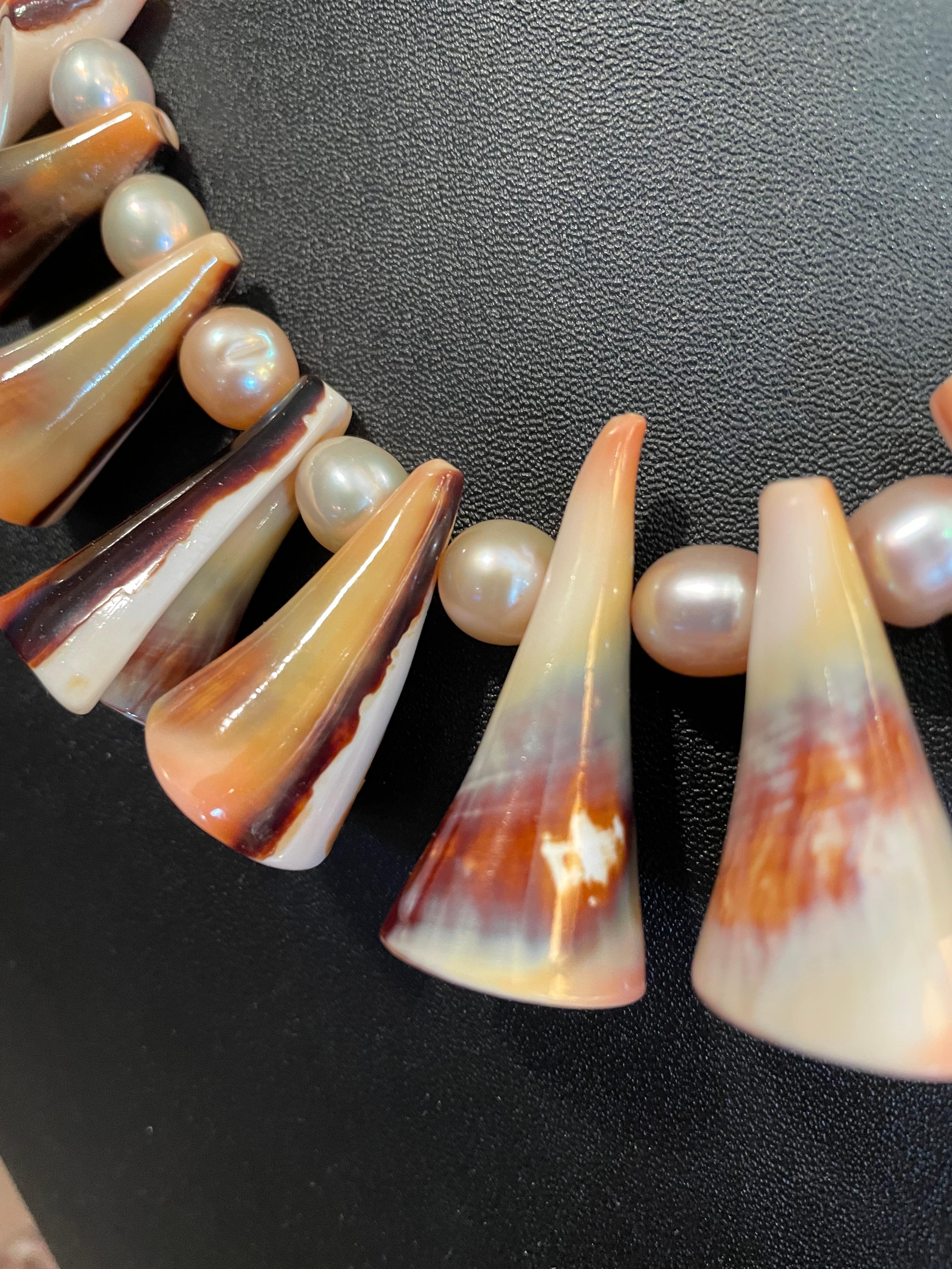 Women's LB Conch Shell Pearls Vintage glass Beads One of a Kind Handmade necklace For Sale