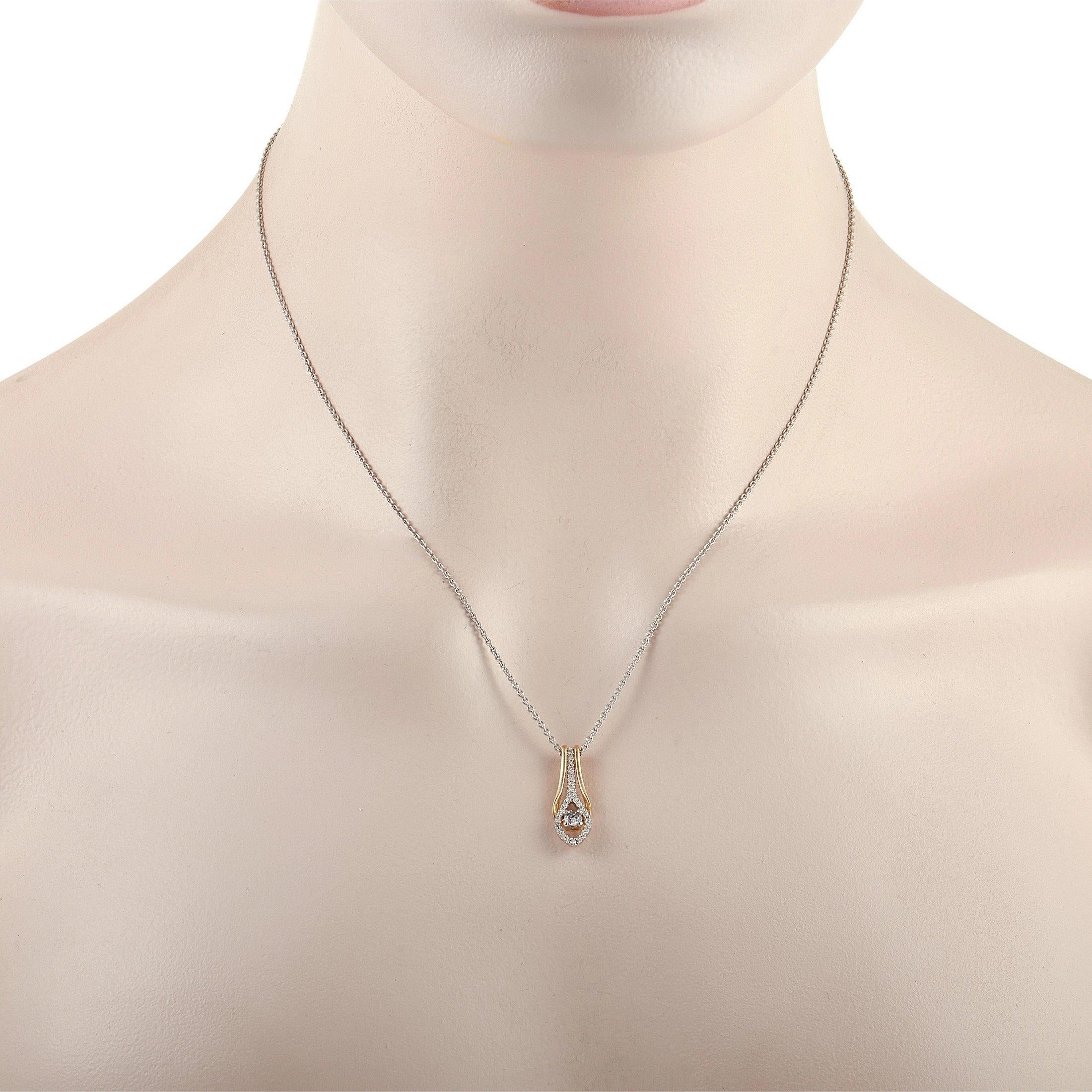 A unique pairing of metals and a dynamic design make this pendant necklace simple exquisite. The central diamond and smaller diamonds sitting within a 10K White Gold setting possess a total weight of 0.25 carats, all which is accented by a sleek 10K