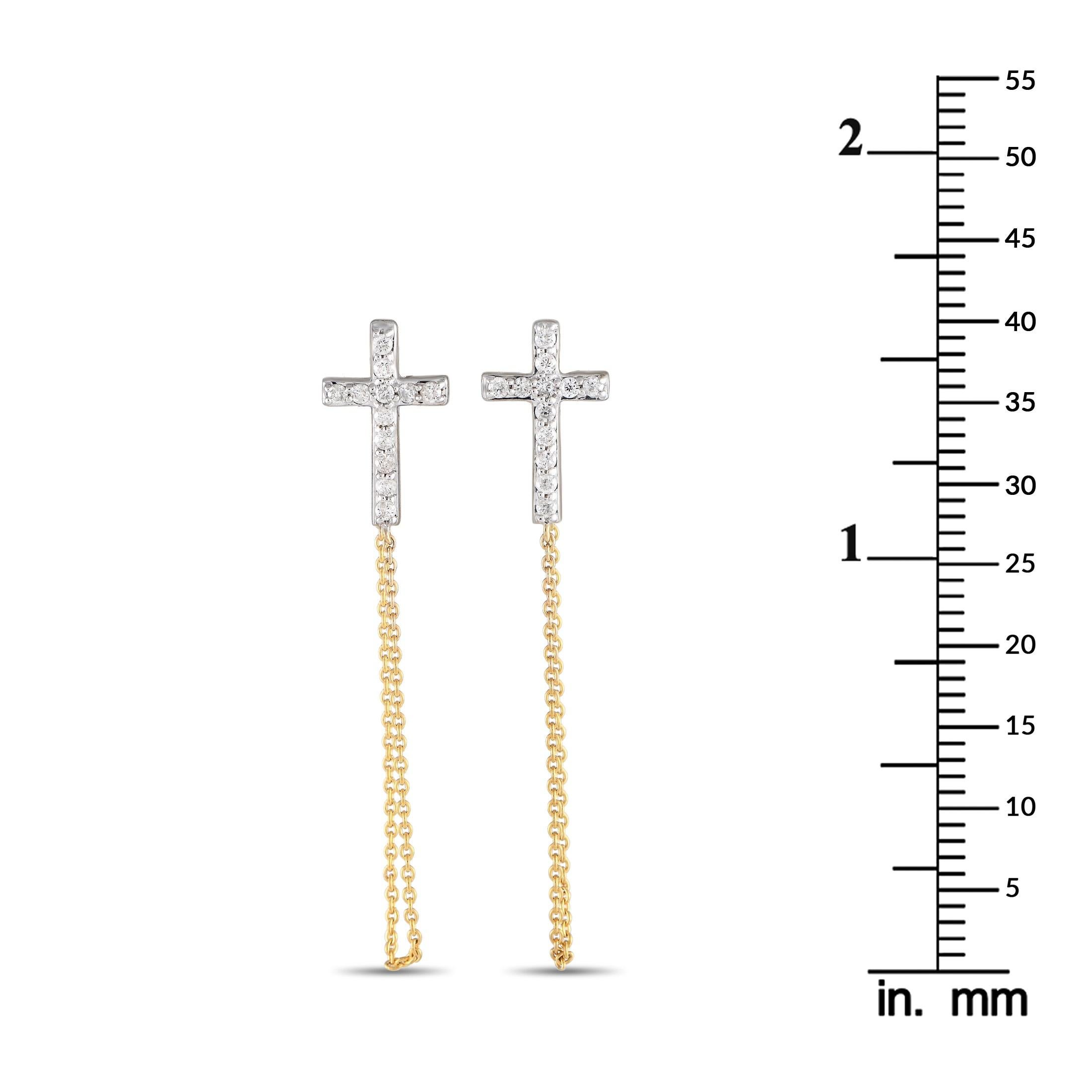 Round Cut LB Exclusive 10K Yellow Gold 0.25ct Diamond Cross Earrings For Sale