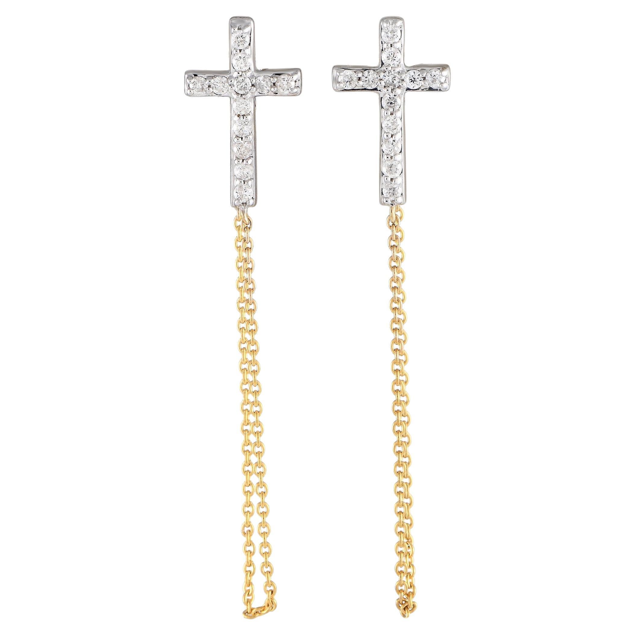 LB Exclusive 10K Yellow Gold 0.25ct Diamond Cross Earrings For Sale