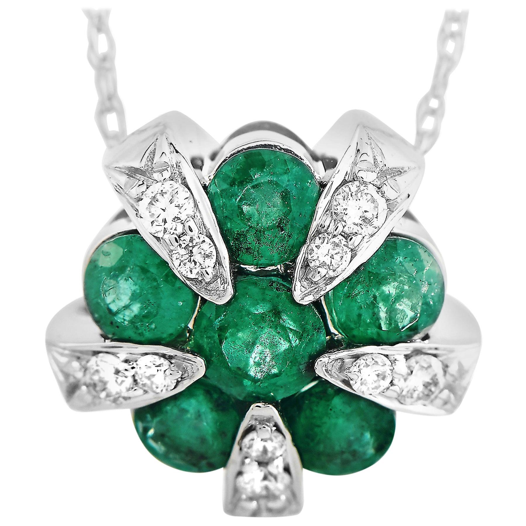 LB Exclusive 14 Karat Gold 0.09 Carat Diamond and Emerald Round Pendant Necklace