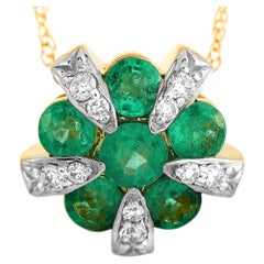 LB Exclusive 14 Karat Gold 0.09 Carat Diamond and Emerald Round Pendant Necklace