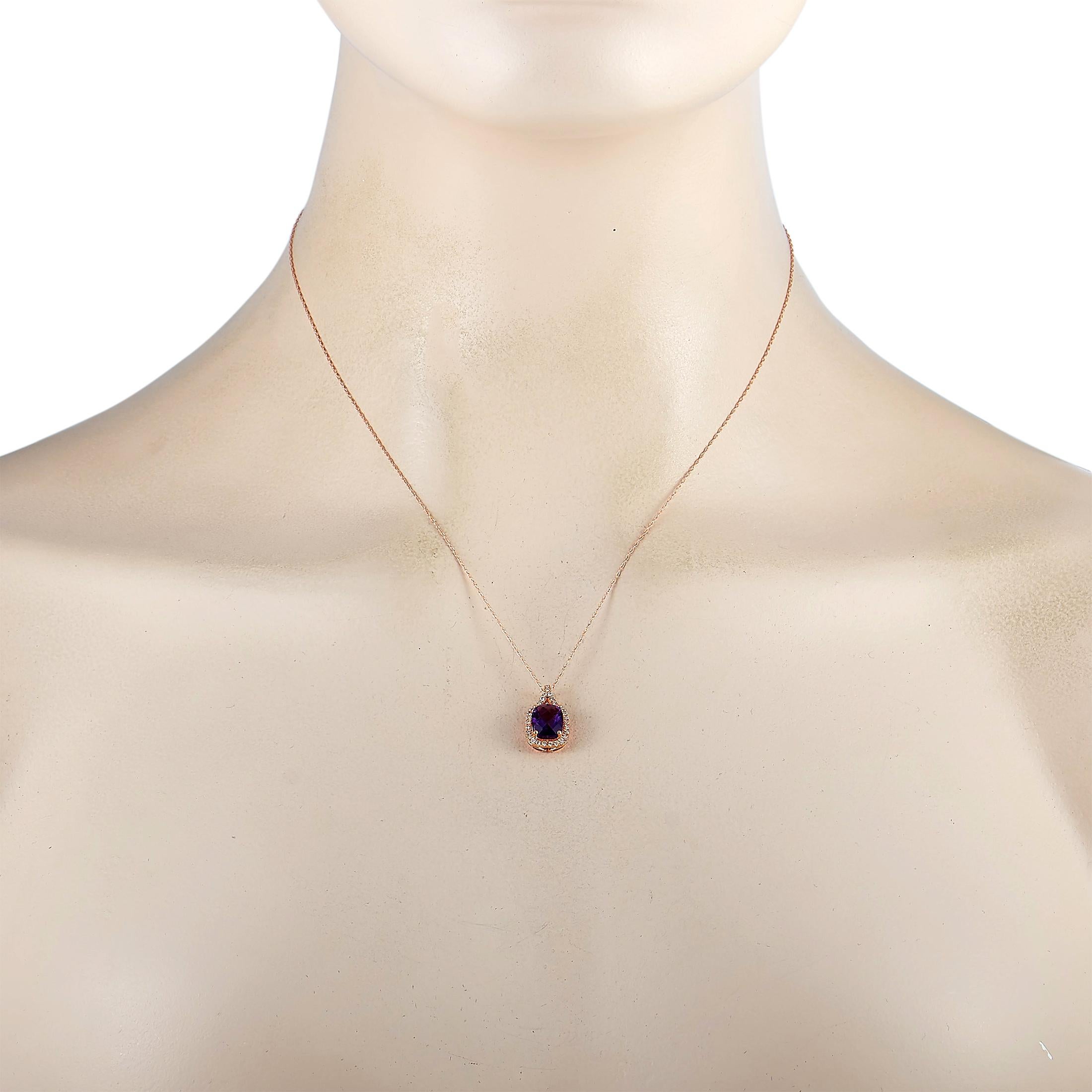 This LB Exclusive necklace is crafted from 14K rose gold and weighs 2.2 grams. It is presented with a 17” chain and a pendant that measures 0.62” in length and 0.37” in width. The necklace is embellished with an amethyst and a total of 0.13 carats