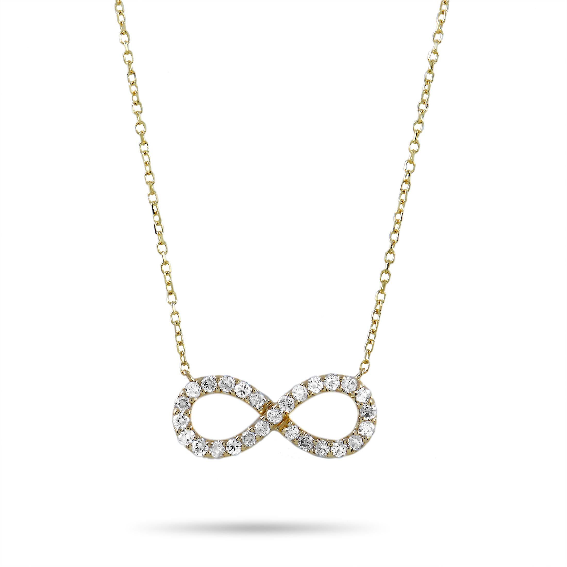 This LB Exclusive necklace is made of 14K yellow gold and embellished with diamonds that amount to 0.30 carats. The necklace weighs 2 grams and boasts a 16” chain and an infinity symbol pendant that measures 0.60” in width.
 
 Offered in brand new