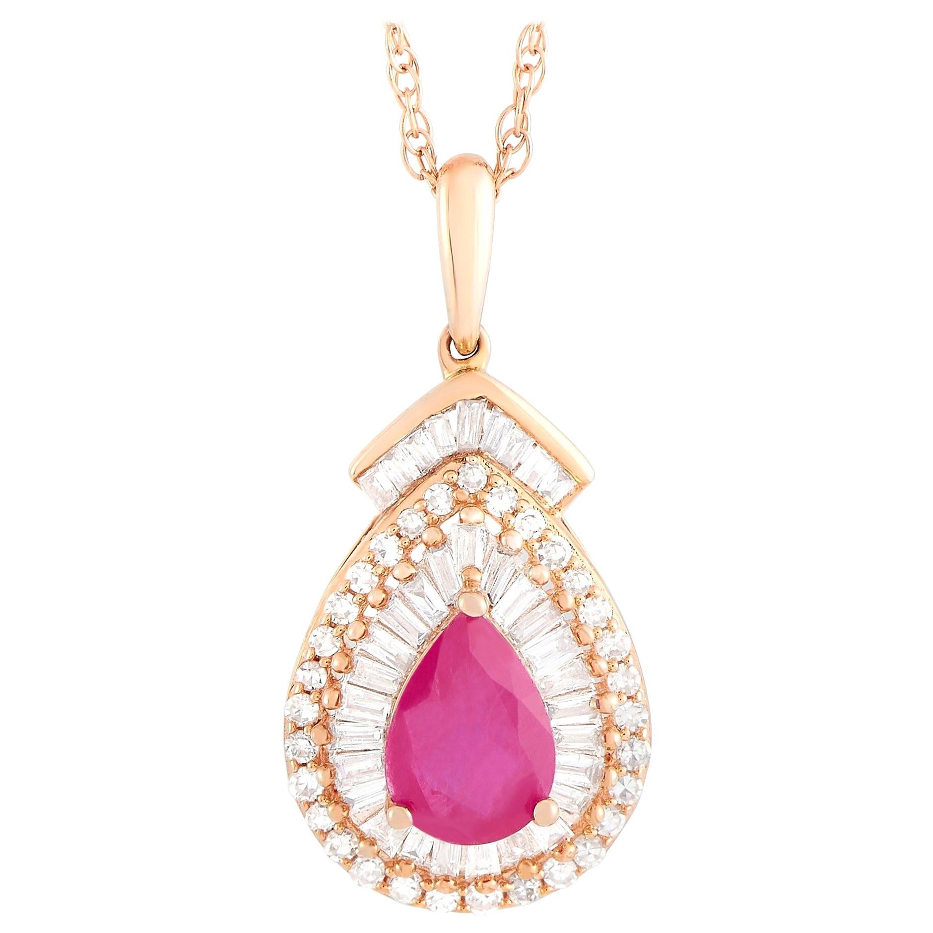 LB Exclusive 14 Karat Gold 0.50 Ct Diamond and 0.90 Ct Ruby Pear Shaped Pendant