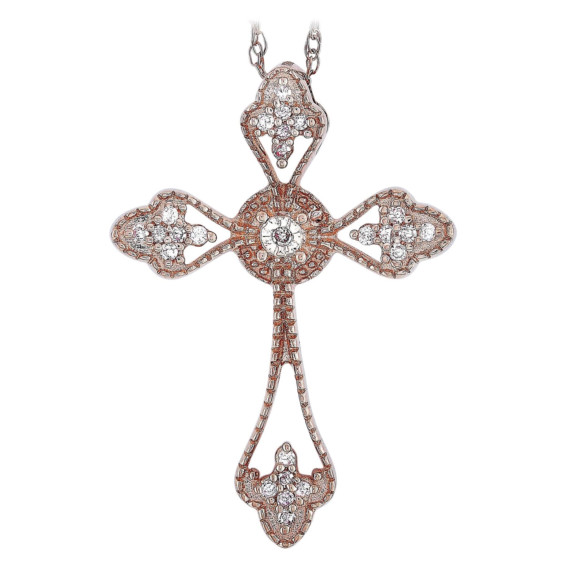 LB Exclusive 14 Karat Rose Gold 0.10 Carat Diamond Small Cross Pendant Necklace