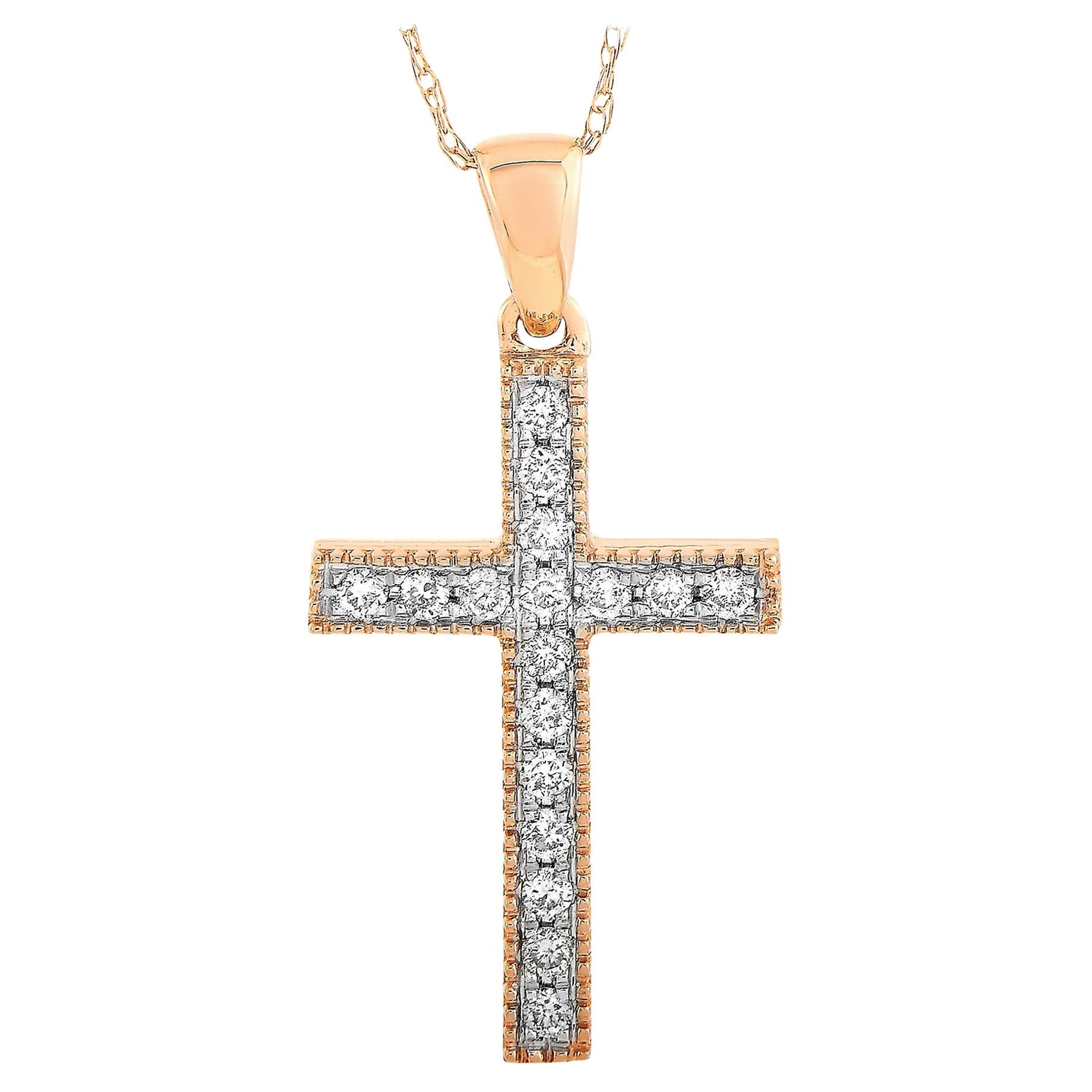 LB Exclusive 14 Karat Rose Gold 0.16 Carat Diamond Small Cross Pendant Necklace