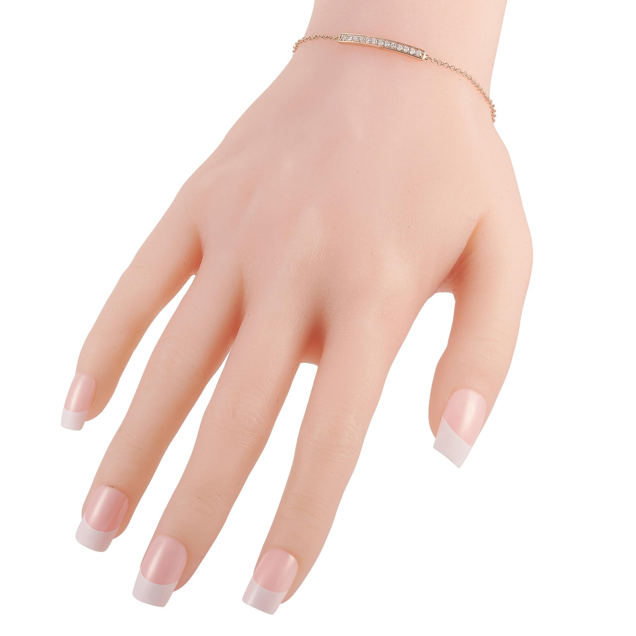 This LB Exclusive bracelet is made of 14K rose gold and embellished with diamonds that amount to 0.25 carats. The bracelet weighs 2 grams and measures 6.50” in length.
 
 Offered in brand new condition, this jewelry piece includes a gift box.