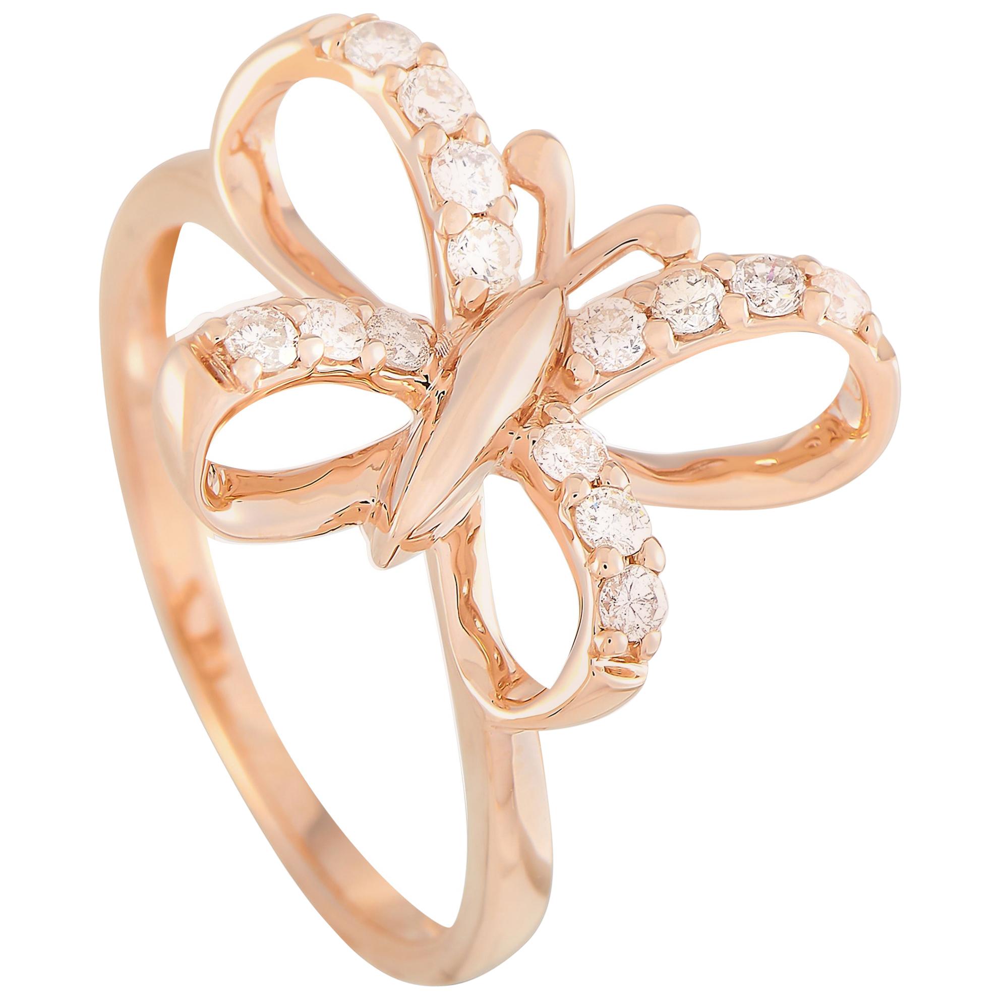 LB Exclusive 14 Karat Rose Gold 0.30 Carat Diamond Butterfly Ring For Sale